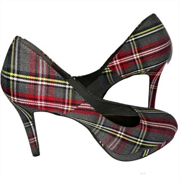 Fioni Gray Red Tartan Plaid Fabric Classic Platform Stiletto Heel Pump Shoes 8.5 - Picture 1 of 13